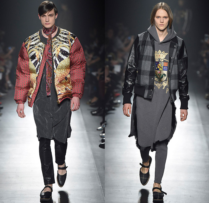 DressCamp by Toshikazu Iwaya 2015-2016 Fall Autumn Winter Mens Runway Catwalk Looks - Mercedes-Benz Fashion Week Tokyo Japan - Denim Jeans Dragon Metallic Snake Reptile Bomber Jacket Outerwear Coat Quilted Puffer Shirtdress Ornamental Print Decorative Art Stripes Blazer Knee Pads Detachable Silk Leather Fringes Pointed Shoes Hoodie Plaid Geometric Onesie Jumpsuit Furry Jogger Sweatpants Shorts Vest Waistcoat