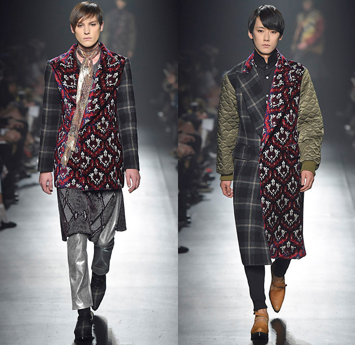 DressCamp by Toshikazu Iwaya 2015-2016 Fall Autumn Winter Mens Runway Catwalk Looks - Mercedes-Benz Fashion Week Tokyo Japan - Denim Jeans Dragon Metallic Snake Reptile Bomber Jacket Outerwear Coat Quilted Puffer Shirtdress Ornamental Print Decorative Art Stripes Blazer Knee Pads Detachable Silk Leather Fringes Pointed Shoes Hoodie Plaid Geometric Onesie Jumpsuit Furry Jogger Sweatpants Shorts Vest Waistcoat