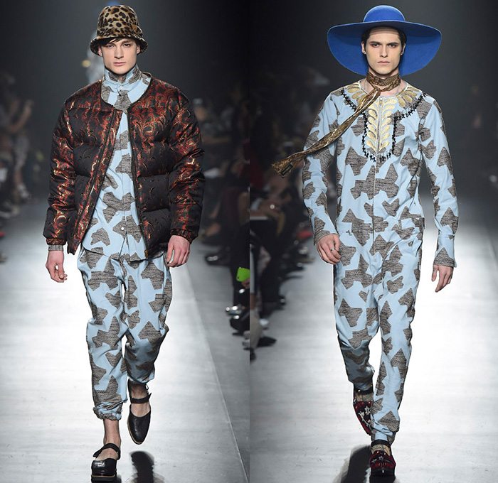 DressCamp by Toshikazu Iwaya 2015-2016 Fall Autumn Winter Mens Runway Catwalk Looks - Mercedes-Benz Fashion Week Tokyo Japan - Denim Jeans Dragon Metallic Snake Reptile Bomber Jacket Outerwear Coat Quilted Puffer Shirtdress Ornamental Print Decorative Art Stripes Blazer Knee Pads Detachable Silk Leather Fringes Pointed Shoes Hoodie Plaid Geometric Onesie Jumpsuit Furry Jogger Sweatpants Shorts Vest Waistcoat