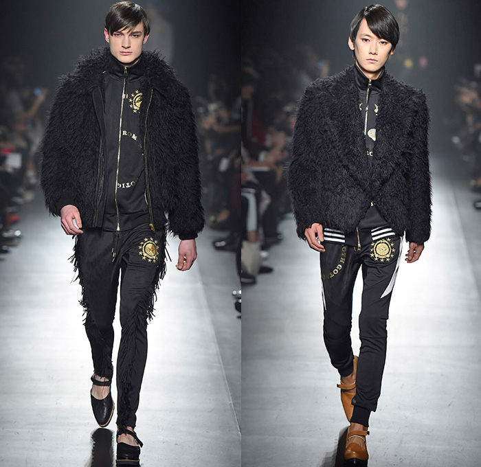 DressCamp by Toshikazu Iwaya 2015-2016 Fall Autumn Winter Mens Runway Catwalk Looks - Mercedes-Benz Fashion Week Tokyo Japan - Denim Jeans Dragon Metallic Snake Reptile Bomber Jacket Outerwear Coat Quilted Puffer Shirtdress Ornamental Print Decorative Art Stripes Blazer Knee Pads Detachable Silk Leather Fringes Pointed Shoes Hoodie Plaid Geometric Onesie Jumpsuit Furry Jogger Sweatpants Shorts Vest Waistcoat