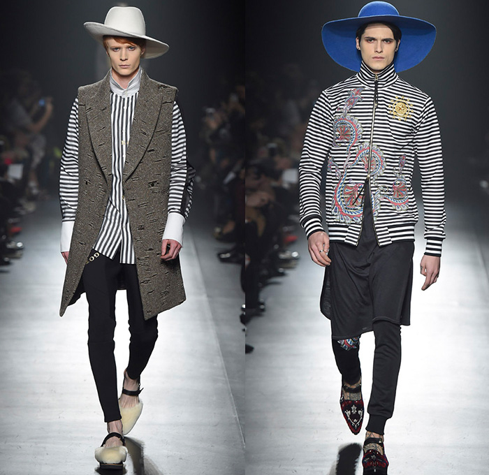 DressCamp by Toshikazu Iwaya 2015-2016 Fall Autumn Winter Mens Runway Catwalk Looks - Mercedes-Benz Fashion Week Tokyo Japan - Denim Jeans Dragon Metallic Snake Reptile Bomber Jacket Outerwear Coat Quilted Puffer Shirtdress Ornamental Print Decorative Art Stripes Blazer Knee Pads Detachable Silk Leather Fringes Pointed Shoes Hoodie Plaid Geometric Onesie Jumpsuit Furry Jogger Sweatpants Shorts Vest Waistcoat