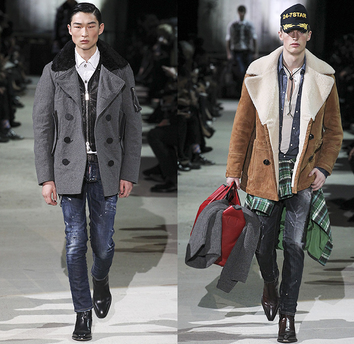 Dsquared2 2015-2016 Fall Autumn Winter Mens Runway Catwalk Looks - Milano Moda Uomo Collezione Milan Fashion Week Italy Camera Nazionale della Moda Italiana - Vintage Dirty Denim Jeans Destroyed Outerwear Furry Coat Parka Shearling Plaid Metallic Studs Fringes Suit Moto Motorcycle Biker Leather Vest Waistcoat Quilted Puffer Cargo Pockets Peacoat Tartan Bag Embroidery Flowers Florals Zipper Ushanka
