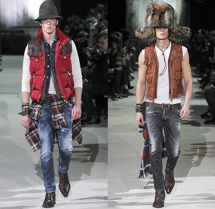 Dsquared2 2015-2016 Fall Autumn Winter Mens Runway Catwalk Looks - Milano Moda Uomo Collezione Milan Fashion Week Italy Camera Nazionale della Moda Italiana - Vintage Dirty Denim Jeans Destroyed Outerwear Furry Coat Parka Shearling Plaid Metallic Studs Fringes Suit Moto Motorcycle Biker Leather Vest Waistcoat Quilted Puffer Cargo Pockets Peacoat Tartan Bag Embroidery Flowers Florals Zipper Ushanka