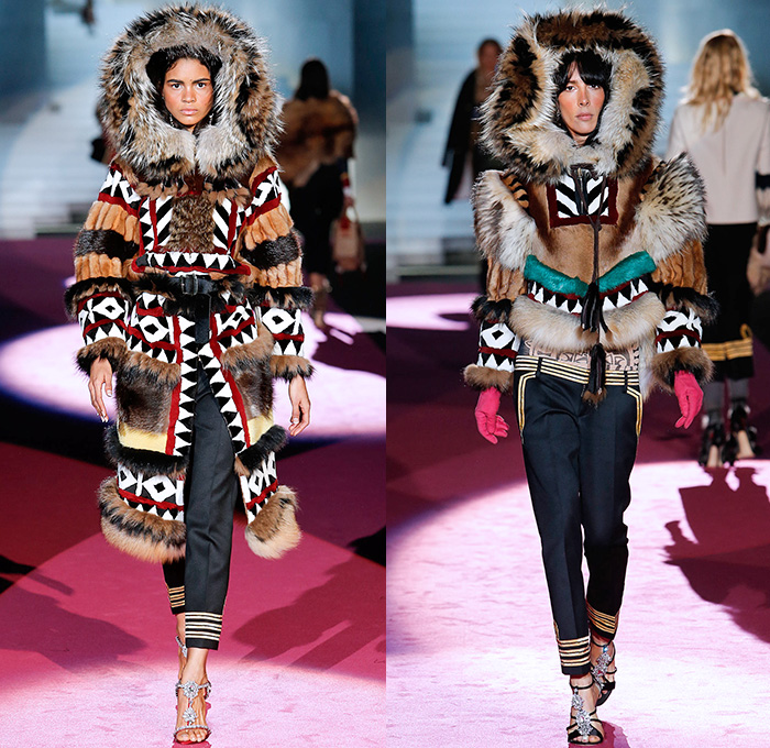 Dsquared2 2015-2016 Fall Autumn Winter Womens Runway Catwalk Looks - Milano Moda Donna Collezione Milan Fashion Week Italy Camera Nazionale della Moda Italiana - Tribal Native American Western Nautical Denim Jeans Furry Outerwear Coat Vest Sailor Stripes Poncho Drapery Ruffles Print Leggings Ornamental Print Blazer Jacket Embroidery Cargo Pockets Skirt Frock Shearling Dress Wide Leg Culottes Palazzo Pants