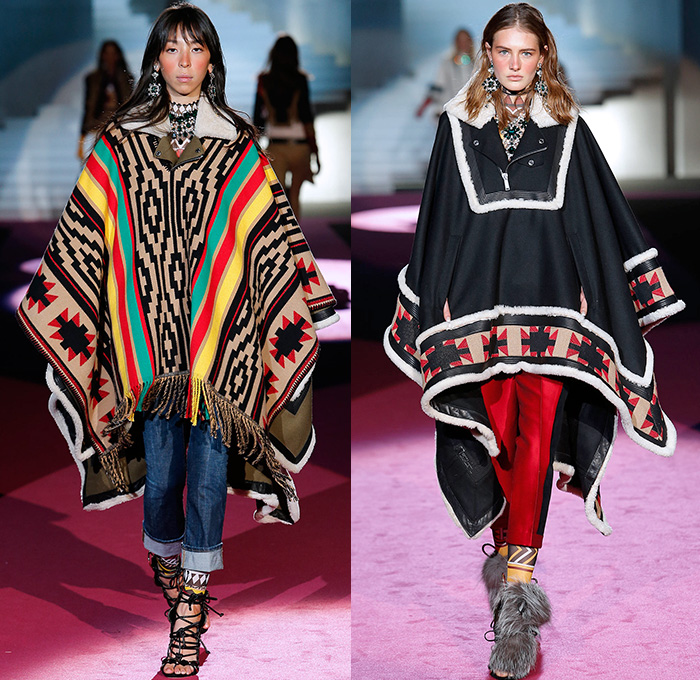 Dsquared2 2015-2016 Fall Autumn Winter Womens Runway Catwalk Looks - Milano Moda Donna Collezione Milan Fashion Week Italy Camera Nazionale della Moda Italiana - Tribal Native American Western Nautical Denim Jeans Furry Outerwear Coat Vest Sailor Stripes Poncho Drapery Ruffles Print Leggings Ornamental Print Blazer Jacket Embroidery Cargo Pockets Skirt Frock Shearling Dress Wide Leg Culottes Palazzo Pants