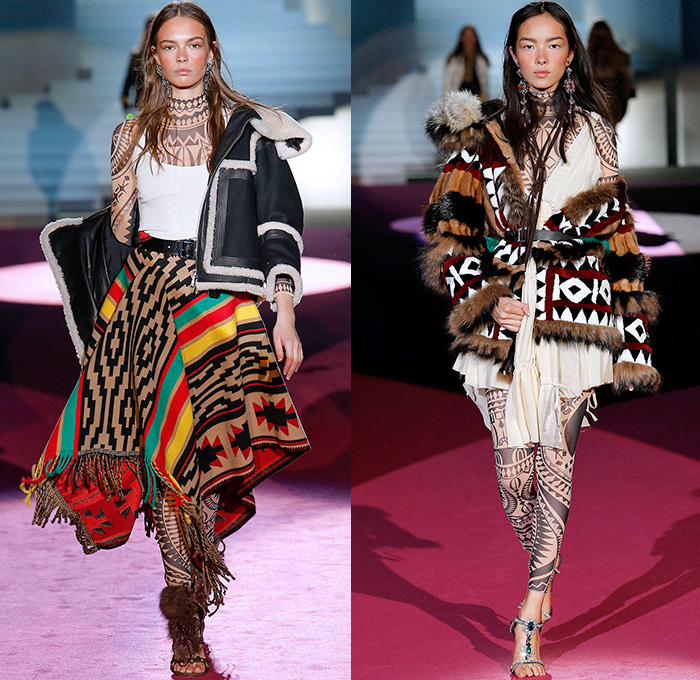 Dsquared2 2015-2016 Fall Autumn Winter Womens Runway Catwalk Looks - Milano Moda Donna Collezione Milan Fashion Week Italy Camera Nazionale della Moda Italiana - Tribal Native American Western Nautical Denim Jeans Furry Outerwear Coat Vest Sailor Stripes Poncho Drapery Ruffles Print Leggings Ornamental Print Blazer Jacket Embroidery Cargo Pockets Skirt Frock Shearling Dress Wide Leg Culottes Palazzo Pants