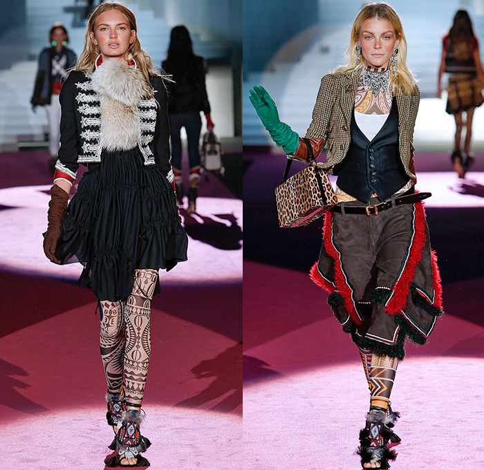 Dsquared2 2015-2016 Fall Autumn Winter Womens Runway Catwalk Looks - Milano Moda Donna Collezione Milan Fashion Week Italy Camera Nazionale della Moda Italiana - Tribal Native American Western Nautical Denim Jeans Furry Outerwear Coat Vest Sailor Stripes Poncho Drapery Ruffles Print Leggings Ornamental Print Blazer Jacket Embroidery Cargo Pockets Skirt Frock Shearling Dress Wide Leg Culottes Palazzo Pants