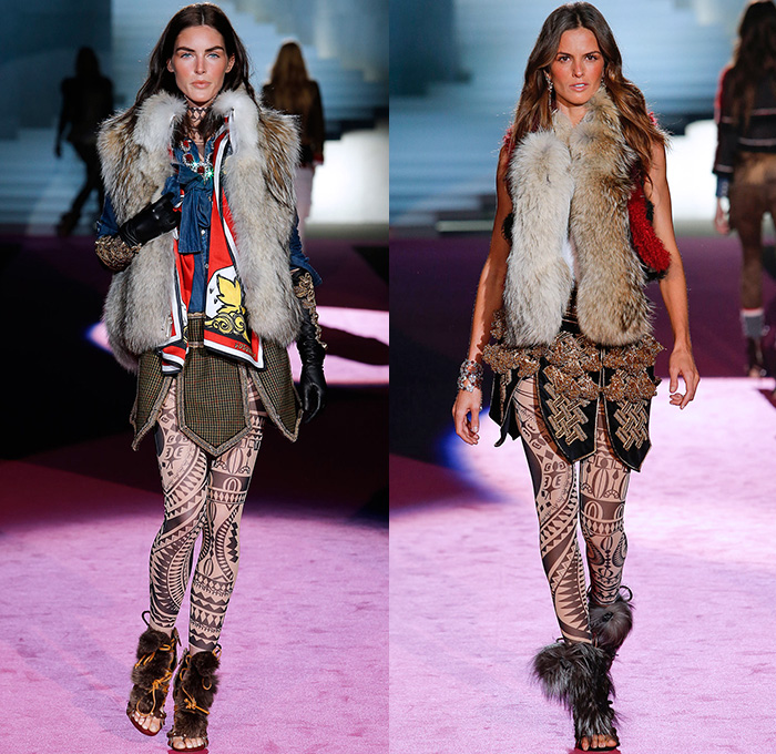 Dsquared2 2015-2016 Fall Autumn Winter Womens Runway Catwalk Looks - Milano Moda Donna Collezione Milan Fashion Week Italy Camera Nazionale della Moda Italiana - Tribal Native American Western Nautical Denim Jeans Furry Outerwear Coat Vest Sailor Stripes Poncho Drapery Ruffles Print Leggings Ornamental Print Blazer Jacket Embroidery Cargo Pockets Skirt Frock Shearling Dress Wide Leg Culottes Palazzo Pants