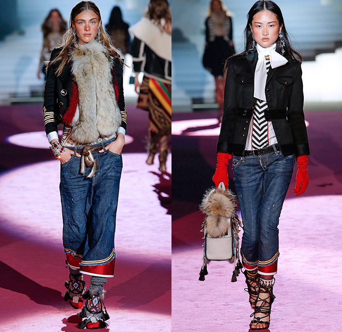 Dsquared2 2015-2016 Fall Autumn Winter Womens Runway Catwalk Looks - Milano Moda Donna Collezione Milan Fashion Week Italy Camera Nazionale della Moda Italiana - Tribal Native American Western Nautical Denim Jeans Furry Outerwear Coat Vest Sailor Stripes Poncho Drapery Ruffles Print Leggings Ornamental Print Blazer Jacket Embroidery Cargo Pockets Skirt Frock Shearling Dress Wide Leg Culottes Palazzo Pants