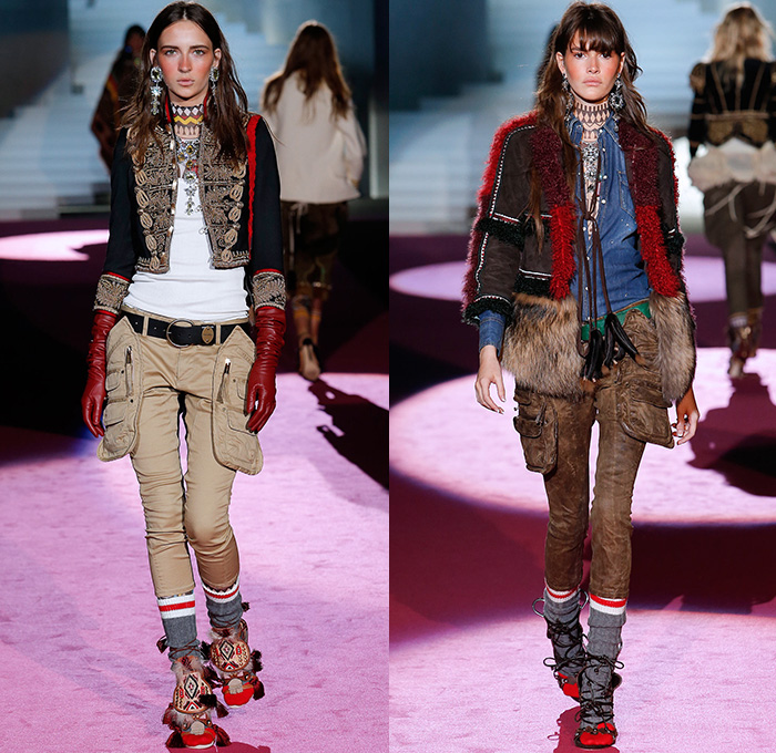 Dsquared2 2015-2016 Fall Autumn Winter Womens Runway Catwalk Looks - Milano Moda Donna Collezione Milan Fashion Week Italy Camera Nazionale della Moda Italiana - Tribal Native American Western Nautical Denim Jeans Furry Outerwear Coat Vest Sailor Stripes Poncho Drapery Ruffles Print Leggings Ornamental Print Blazer Jacket Embroidery Cargo Pockets Skirt Frock Shearling Dress Wide Leg Culottes Palazzo Pants