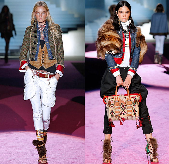 Dsquared2 2015-2016 Fall Autumn Winter Womens Runway Catwalk Looks - Milano Moda Donna Collezione Milan Fashion Week Italy Camera Nazionale della Moda Italiana - Tribal Native American Western Nautical Denim Jeans Furry Outerwear Coat Vest Sailor Stripes Poncho Drapery Ruffles Print Leggings Ornamental Print Blazer Jacket Embroidery Cargo Pockets Skirt Frock Shearling Dress Wide Leg Culottes Palazzo Pants