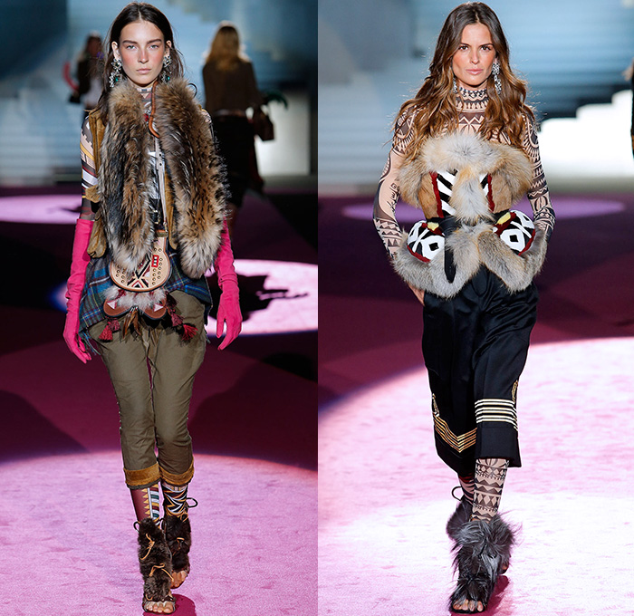 Dsquared2 2015-2016 Fall Autumn Winter Womens Runway Catwalk Looks - Milano Moda Donna Collezione Milan Fashion Week Italy Camera Nazionale della Moda Italiana - Tribal Native American Western Nautical Denim Jeans Furry Outerwear Coat Vest Sailor Stripes Poncho Drapery Ruffles Print Leggings Ornamental Print Blazer Jacket Embroidery Cargo Pockets Skirt Frock Shearling Dress Wide Leg Culottes Palazzo Pants