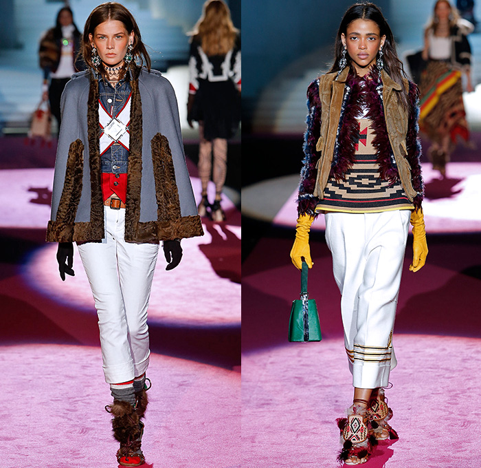 Dsquared2 2015-2016 Fall Autumn Winter Womens Runway Catwalk Looks - Milano Moda Donna Collezione Milan Fashion Week Italy Camera Nazionale della Moda Italiana - Tribal Native American Western Nautical Denim Jeans Furry Outerwear Coat Vest Sailor Stripes Poncho Drapery Ruffles Print Leggings Ornamental Print Blazer Jacket Embroidery Cargo Pockets Skirt Frock Shearling Dress Wide Leg Culottes Palazzo Pants