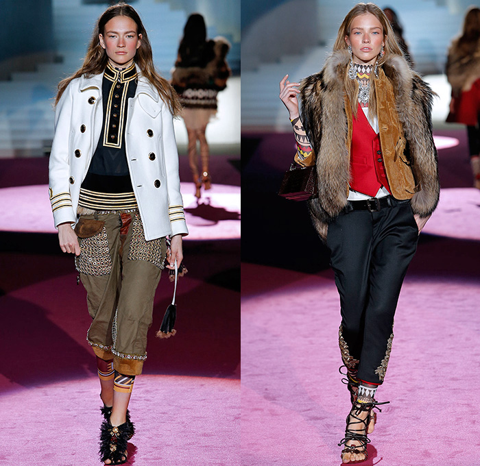 Dsquared2 2015-2016 Fall Autumn Winter Womens Runway Catwalk Looks - Milano Moda Donna Collezione Milan Fashion Week Italy Camera Nazionale della Moda Italiana - Tribal Native American Western Nautical Denim Jeans Furry Outerwear Coat Vest Sailor Stripes Poncho Drapery Ruffles Print Leggings Ornamental Print Blazer Jacket Embroidery Cargo Pockets Skirt Frock Shearling Dress Wide Leg Culottes Palazzo Pants