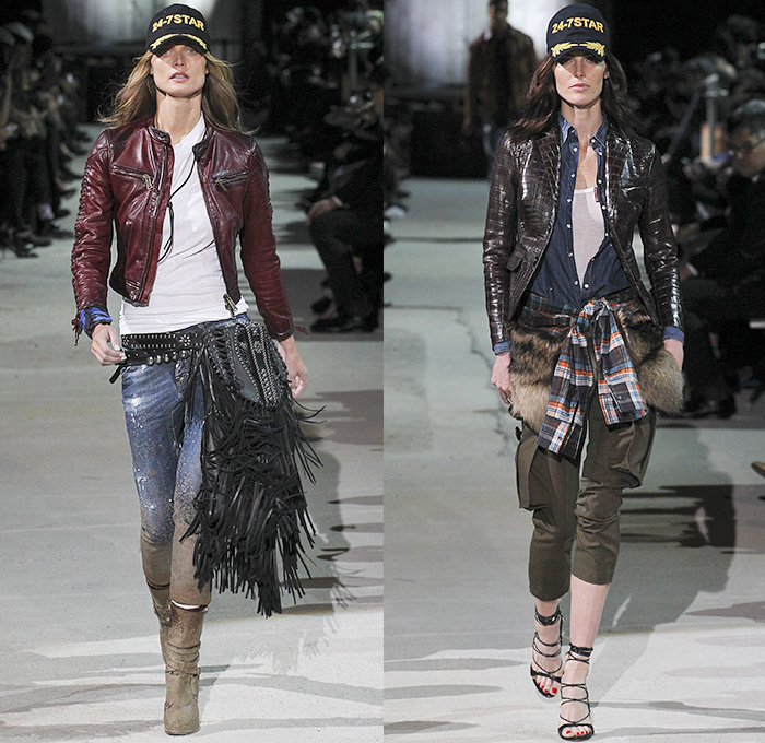 Dsquared2 2015-2016 Fall Autumn Winter Womens Runway Catwalk Looks - Milano Moda Uomo Collezione Milan Fashion Week Italy Camera Nazionale della Moda Italiana - Vintage Dirty Denim Jeans Jacket Fringes Studs Plaid Furry Blazer Chaps Parka Dress Sheer Ropes Shearling Boots Shirt Hoodie Leather Cap Cropped Pants Bag Multi-Panel Jodhpurs Trousers Lace Up Ushanka