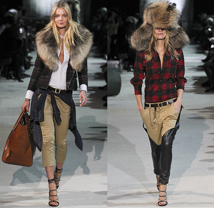 Dsquared2 2015-2016 Fall Autumn Winter Womens Runway Catwalk Looks - Milano Moda Uomo Collezione Milan Fashion Week Italy Camera Nazionale della Moda Italiana - Vintage Dirty Denim Jeans Jacket Fringes Studs Plaid Furry Blazer Chaps Parka Dress Sheer Ropes Shearling Boots Shirt Hoodie Leather Cap Cropped Pants Bag Multi-Panel Jodhpurs Trousers Lace Up Ushanka