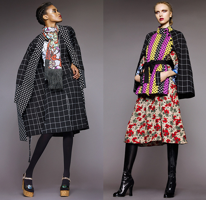 Duro Olowu 2015-2016 Fall Autumn Winter Womens Lookbook Presentation - London Fashion Week British UK United Kingdom - Shirtdress Mix Match Prints Outerwear Cape Cloak Robe Coat Kimono Flowers Florals Botanical Print Graphic Pattern Fauvism Silk Taffeta Brocade Jacquard Boots Tunic Wide Leg Trousers Palazzo Pants Colorblock Polka Dots Head Wrap Windowpane Check Skirt Frock Blazer Stripes Fringes Ruffles