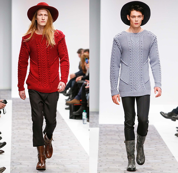 Dyn by Frida Homann 2015-2016 Fall Autumn Winter Mens Runway Catwalk Looks - Mercedes-Benz Fashion Week Berlin Germany Deutschland 2015 Herbst Winter Kollektionen - Chunky Knit Weave Sweater Frayed Coat Cape Cloak Robe Drapery Suit Jumper Slim Pants Trousers Boots Hat Outerwear Jacket Extra Panel Banded Collar Scarf Wide Lapel Cargo Flap Pockets Luggage Bag