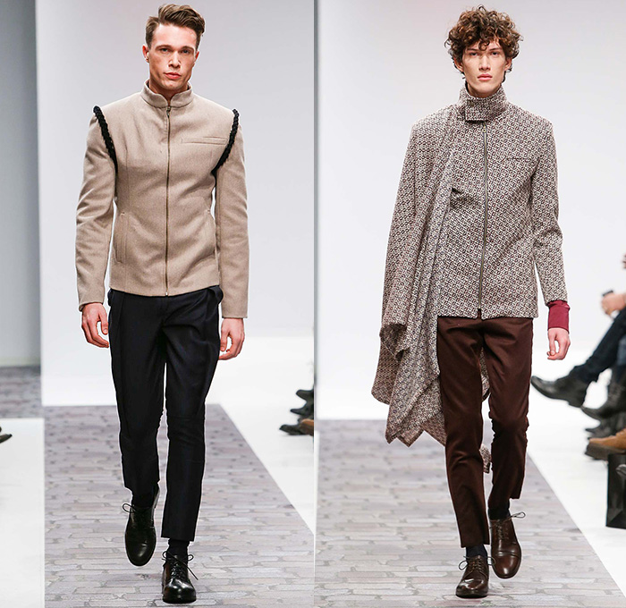 Dyn by Frida Homann 2015-2016 Fall Autumn Winter Mens Runway Catwalk Looks - Mercedes-Benz Fashion Week Berlin Germany Deutschland 2015 Herbst Winter Kollektionen - Chunky Knit Weave Sweater Frayed Coat Cape Cloak Robe Drapery Suit Jumper Slim Pants Trousers Boots Hat Outerwear Jacket Extra Panel Banded Collar Scarf Wide Lapel Cargo Flap Pockets Luggage Bag