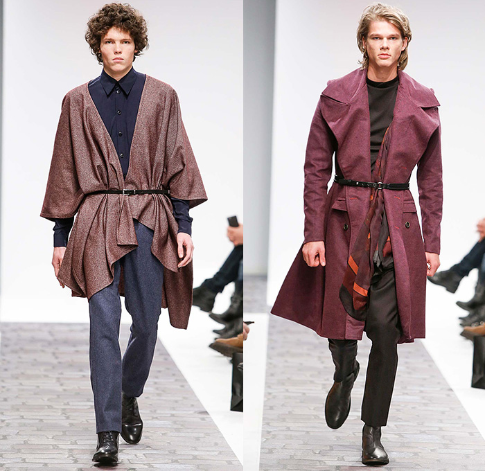 Dyn by Frida Homann 2015-2016 Fall Autumn Winter Mens Runway Catwalk Looks - Mercedes-Benz Fashion Week Berlin Germany Deutschland 2015 Herbst Winter Kollektionen - Chunky Knit Weave Sweater Frayed Coat Cape Cloak Robe Drapery Suit Jumper Slim Pants Trousers Boots Hat Outerwear Jacket Extra Panel Banded Collar Scarf Wide Lapel Cargo Flap Pockets Luggage Bag