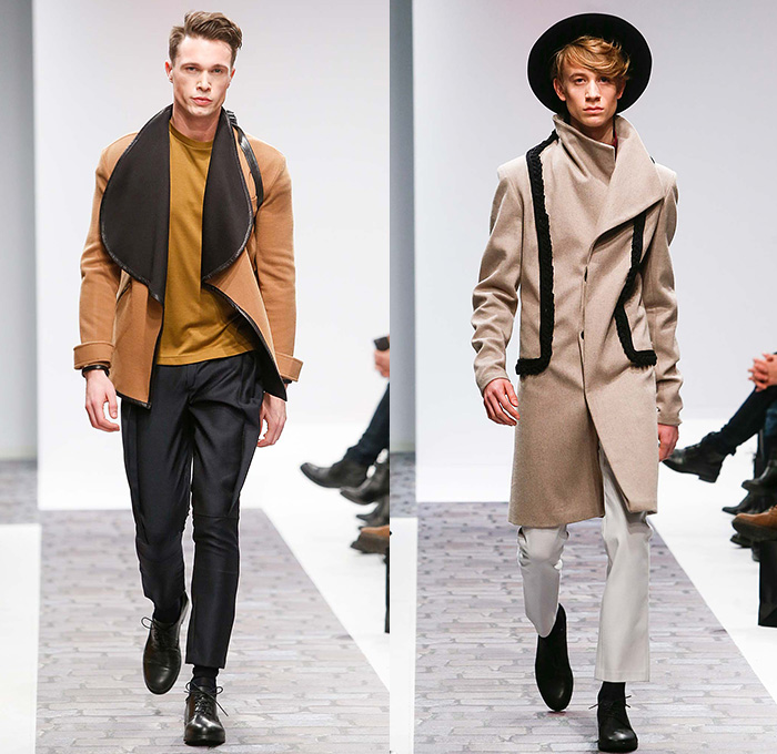 Dyn by Frida Homann 2015-2016 Fall Autumn Winter Mens Runway Catwalk Looks - Mercedes-Benz Fashion Week Berlin Germany Deutschland 2015 Herbst Winter Kollektionen - Chunky Knit Weave Sweater Frayed Coat Cape Cloak Robe Drapery Suit Jumper Slim Pants Trousers Boots Hat Outerwear Jacket Extra Panel Banded Collar Scarf Wide Lapel Cargo Flap Pockets Luggage Bag