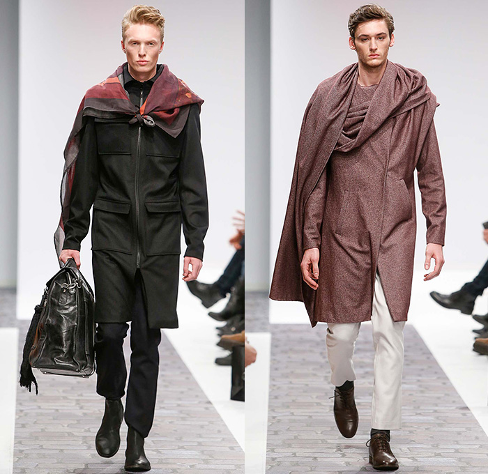 Dyn by Frida Homann 2015-2016 Fall Autumn Winter Mens Runway Catwalk Looks - Mercedes-Benz Fashion Week Berlin Germany Deutschland 2015 Herbst Winter Kollektionen - Chunky Knit Weave Sweater Frayed Coat Cape Cloak Robe Drapery Suit Jumper Slim Pants Trousers Boots Hat Outerwear Jacket Extra Panel Banded Collar Scarf Wide Lapel Cargo Flap Pockets Luggage Bag