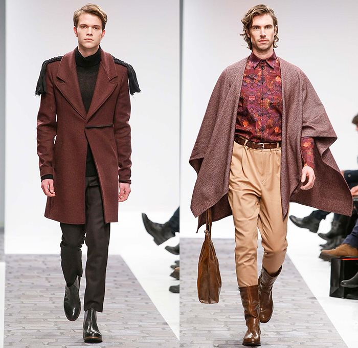 Dyn by Frida Homann 2015-2016 Fall Autumn Winter Mens Runway Catwalk Looks - Mercedes-Benz Fashion Week Berlin Germany Deutschland 2015 Herbst Winter Kollektionen - Chunky Knit Weave Sweater Frayed Coat Cape Cloak Robe Drapery Suit Jumper Slim Pants Trousers Boots Hat Outerwear Jacket Extra Panel Banded Collar Scarf Wide Lapel Cargo Flap Pockets Luggage Bag