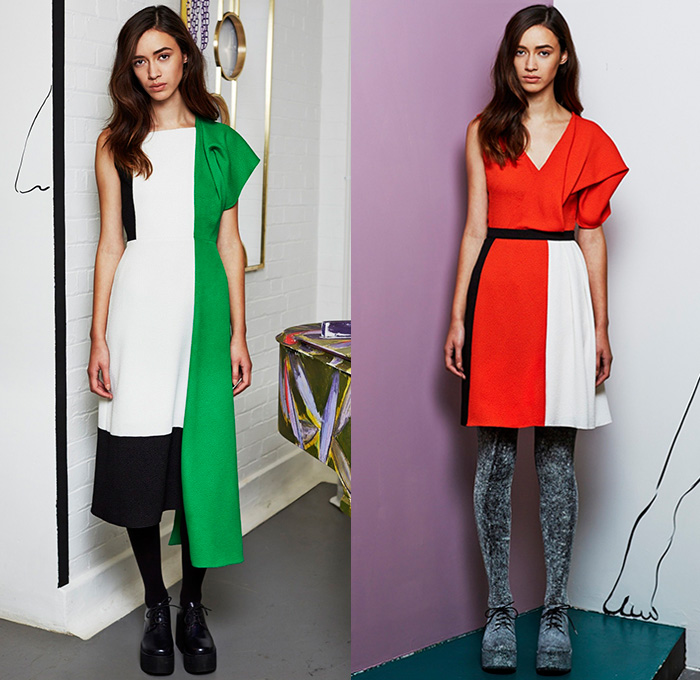 Edeline Lee 2015-2016 Fall Autumn Winter Womens Lookbook Presentation - Half Dress Midi Bell Skirt Frock Leggings Cutout Sleeve Outerwear Coat Jacket Wide Leg Palazzo Pants Mesh Stripes One Off Shoulder Colorblock Ruffled Shoulder Wrap Green Red Pants Trousers Floppy Hat Sweater Jumper Coatdress High Waist Multi-Panel Arrows 