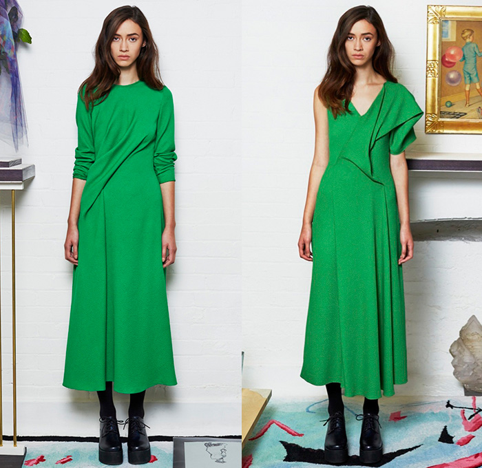 Edeline Lee 2015-2016 Fall Autumn Winter Womens Lookbook Presentation - Half Dress Midi Bell Skirt Frock Leggings Cutout Sleeve Outerwear Coat Jacket Wide Leg Palazzo Pants Mesh Stripes One Off Shoulder Colorblock Ruffled Shoulder Wrap Green Red Pants Trousers Floppy Hat Sweater Jumper Coatdress High Waist Multi-Panel Arrows 