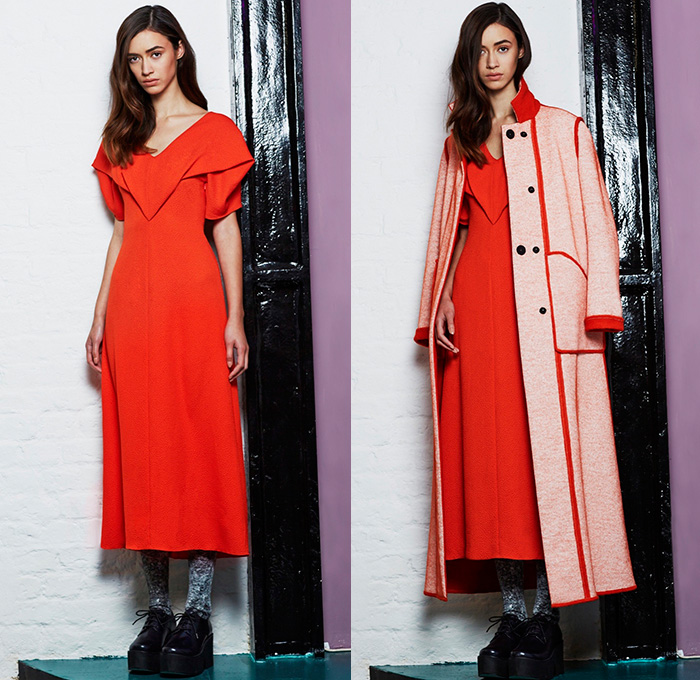 Edeline Lee 2015-2016 Fall Autumn Winter Womens Lookbook Presentation - Half Dress Midi Bell Skirt Frock Leggings Cutout Sleeve Outerwear Coat Jacket Wide Leg Palazzo Pants Mesh Stripes One Off Shoulder Colorblock Ruffled Shoulder Wrap Green Red Pants Trousers Floppy Hat Sweater Jumper Coatdress High Waist Multi-Panel Arrows 