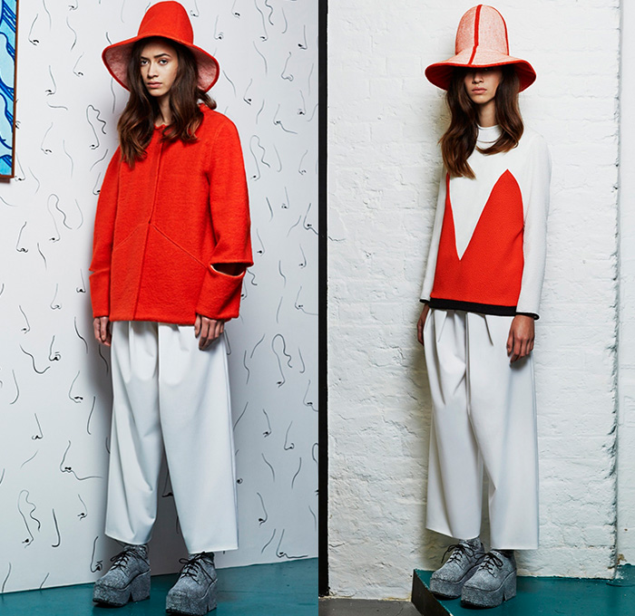 Edeline Lee 2015-2016 Fall Autumn Winter Womens Lookbook Presentation - Half Dress Midi Bell Skirt Frock Leggings Cutout Sleeve Outerwear Coat Jacket Wide Leg Palazzo Pants Mesh Stripes One Off Shoulder Colorblock Ruffled Shoulder Wrap Green Red Pants Trousers Floppy Hat Sweater Jumper Coatdress High Waist Multi-Panel Arrows 