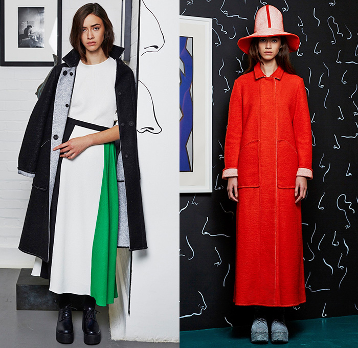 Edeline Lee 2015-2016 Fall Autumn Winter Womens Lookbook Presentation - Half Dress Midi Bell Skirt Frock Leggings Cutout Sleeve Outerwear Coat Jacket Wide Leg Palazzo Pants Mesh Stripes One Off Shoulder Colorblock Ruffled Shoulder Wrap Green Red Pants Trousers Floppy Hat Sweater Jumper Coatdress High Waist Multi-Panel Arrows 