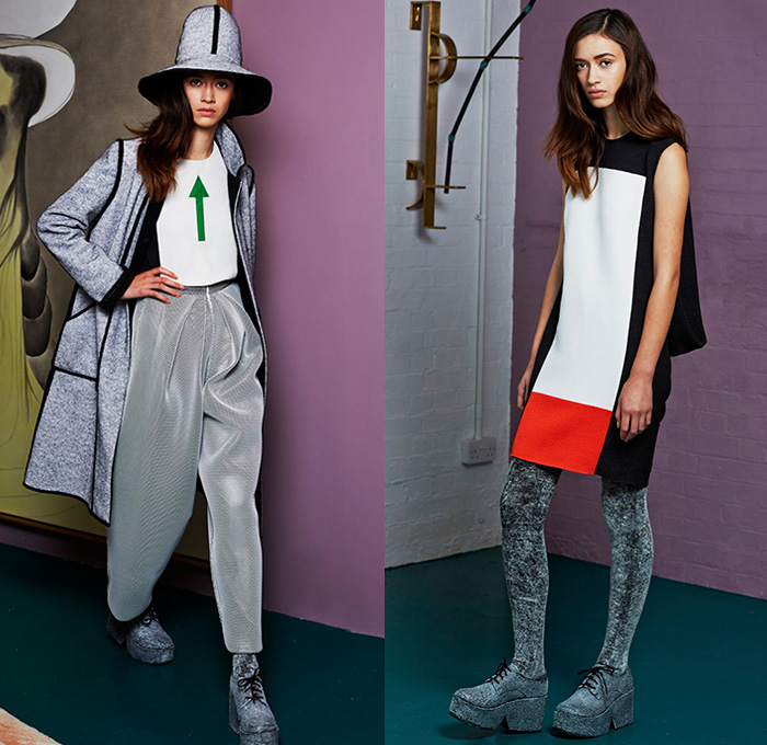 Edeline Lee 2015-2016 Fall Autumn Winter Womens Lookbook Presentation - Half Dress Midi Bell Skirt Frock Leggings Cutout Sleeve Outerwear Coat Jacket Wide Leg Palazzo Pants Mesh Stripes One Off Shoulder Colorblock Ruffled Shoulder Wrap Green Red Pants Trousers Floppy Hat Sweater Jumper Coatdress High Waist Multi-Panel Arrows 