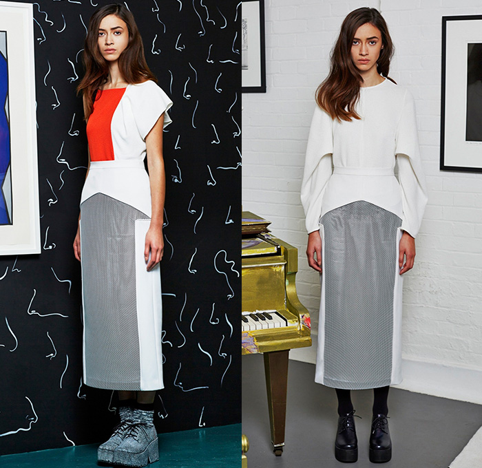 Edeline Lee 2015-2016 Fall Autumn Winter Womens Lookbook Presentation - Half Dress Midi Bell Skirt Frock Leggings Cutout Sleeve Outerwear Coat Jacket Wide Leg Palazzo Pants Mesh Stripes One Off Shoulder Colorblock Ruffled Shoulder Wrap Green Red Pants Trousers Floppy Hat Sweater Jumper Coatdress High Waist Multi-Panel Arrows 