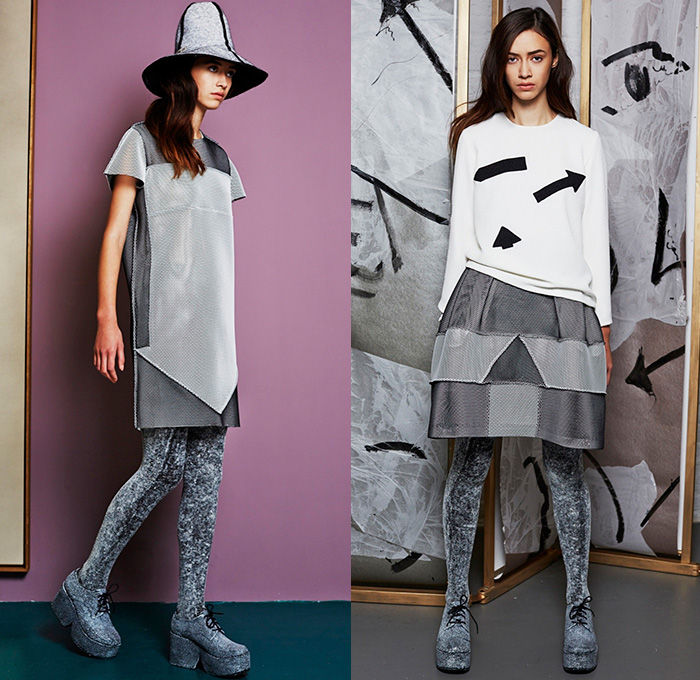 Edeline Lee 2015-2016 Fall Autumn Winter Womens Lookbook Presentation - Half Dress Midi Bell Skirt Frock Leggings Cutout Sleeve Outerwear Coat Jacket Wide Leg Palazzo Pants Mesh Stripes One Off Shoulder Colorblock Ruffled Shoulder Wrap Green Red Pants Trousers Floppy Hat Sweater Jumper Coatdress High Waist Multi-Panel Arrows 