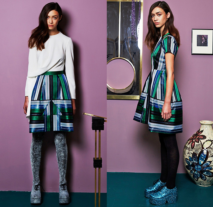 Edeline Lee 2015-2016 Fall Autumn Winter Womens Lookbook Presentation - Half Dress Midi Bell Skirt Frock Leggings Cutout Sleeve Outerwear Coat Jacket Wide Leg Palazzo Pants Mesh Stripes One Off Shoulder Colorblock Ruffled Shoulder Wrap Green Red Pants Trousers Floppy Hat Sweater Jumper Coatdress High Waist Multi-Panel Arrows 