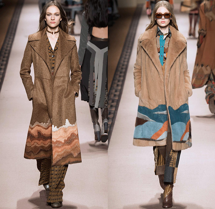 Etro 2015-2016 Fall Autumn Winter Womens Runway Catwalk Looks - Milano Moda Donna Collezione Milan Fashion Week Italy Camera Nazionale della Moda Italiana - Ornamental Print Decorative Art Tribal Ethnic Tapestry Patchwork Geometric Outerwear Trench Coat Jacket Wool Furry Wide Leg Trousers Palazzo Pants Paisley Knit Sweater Maxi Dress Gown Houndstooth Check Shorts Stockings Accordion Pleats Blouse Pantsuit