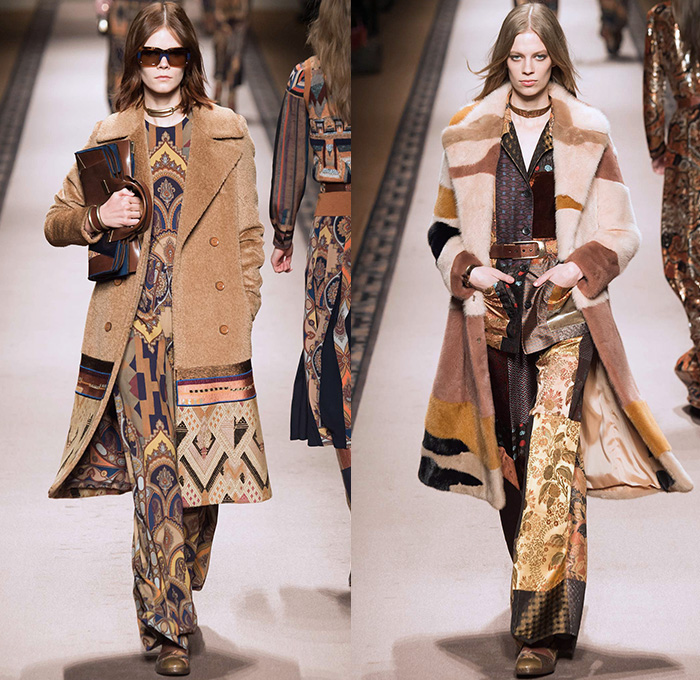 Etro 2015-2016 Fall Autumn Winter Womens Runway Catwalk Looks - Milano Moda Donna Collezione Milan Fashion Week Italy Camera Nazionale della Moda Italiana - Ornamental Print Decorative Art Tribal Ethnic Tapestry Patchwork Geometric Outerwear Trench Coat Jacket Wool Furry Wide Leg Trousers Palazzo Pants Paisley Knit Sweater Maxi Dress Gown Houndstooth Check Shorts Stockings Accordion Pleats Blouse Pantsuit