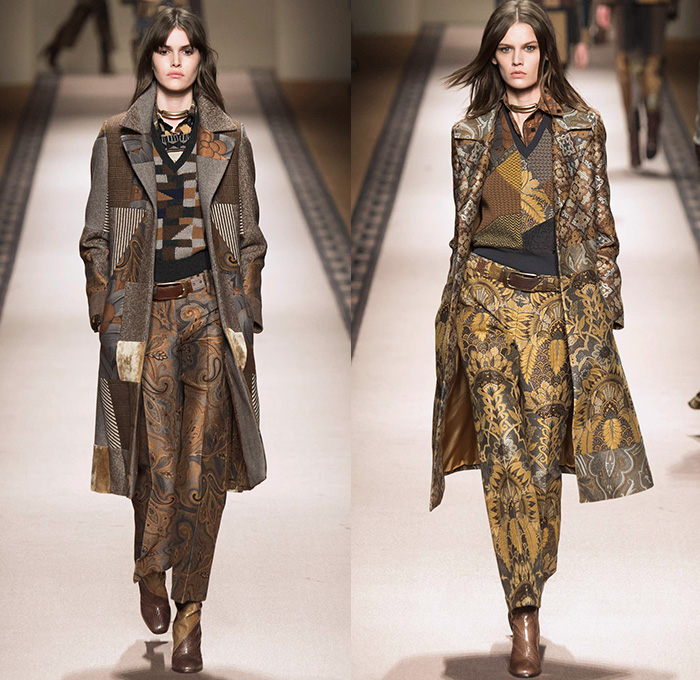 Etro 2015-2016 Fall Autumn Winter Womens Runway Catwalk Looks - Milano Moda Donna Collezione Milan Fashion Week Italy Camera Nazionale della Moda Italiana - Ornamental Print Decorative Art Tribal Ethnic Tapestry Patchwork Geometric Outerwear Trench Coat Jacket Wool Furry Wide Leg Trousers Palazzo Pants Paisley Knit Sweater Maxi Dress Gown Houndstooth Check Shorts Stockings Accordion Pleats Blouse Pantsuit