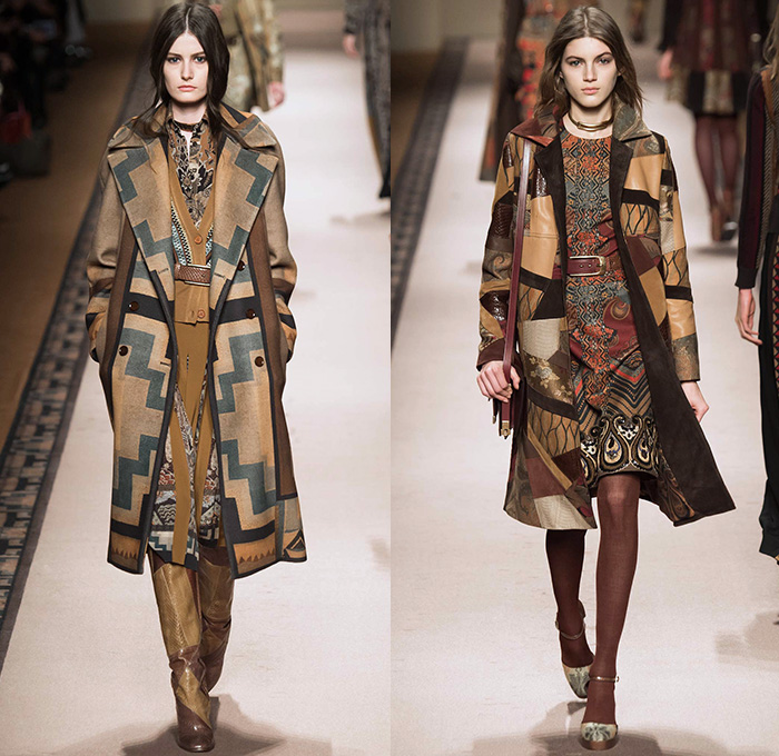 Etro 2015-2016 Fall Autumn Winter Womens Runway Catwalk Looks - Milano Moda Donna Collezione Milan Fashion Week Italy Camera Nazionale della Moda Italiana - Ornamental Print Decorative Art Tribal Ethnic Tapestry Patchwork Geometric Outerwear Trench Coat Jacket Wool Furry Wide Leg Trousers Palazzo Pants Paisley Knit Sweater Maxi Dress Gown Houndstooth Check Shorts Stockings Accordion Pleats Blouse Pantsuit