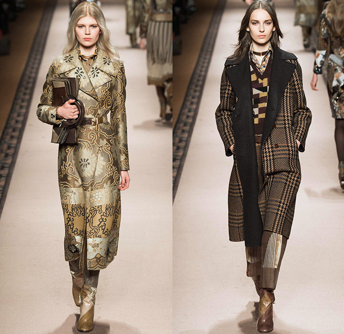 Etro 2015-2016 Fall Autumn Winter Womens Runway Catwalk Looks - Milano Moda Donna Collezione Milan Fashion Week Italy Camera Nazionale della Moda Italiana - Ornamental Print Decorative Art Tribal Ethnic Tapestry Patchwork Geometric Outerwear Trench Coat Jacket Wool Furry Wide Leg Trousers Palazzo Pants Paisley Knit Sweater Maxi Dress Gown Houndstooth Check Shorts Stockings Accordion Pleats Blouse Pantsuit