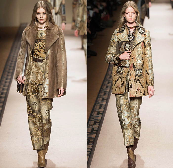 Etro 2015-2016 Fall Autumn Winter Womens Runway Catwalk Looks - Milano Moda Donna Collezione Milan Fashion Week Italy Camera Nazionale della Moda Italiana - Ornamental Print Decorative Art Tribal Ethnic Tapestry Patchwork Geometric Outerwear Trench Coat Jacket Wool Furry Wide Leg Trousers Palazzo Pants Paisley Knit Sweater Maxi Dress Gown Houndstooth Check Shorts Stockings Accordion Pleats Blouse Pantsuit