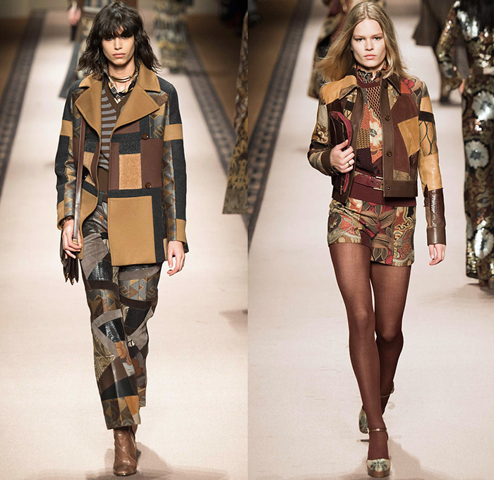 Etro 2015-2016 Fall Autumn Winter Womens Runway Catwalk Looks - Milano Moda Donna Collezione Milan Fashion Week Italy Camera Nazionale della Moda Italiana - Ornamental Print Decorative Art Tribal Ethnic Tapestry Patchwork Geometric Outerwear Trench Coat Jacket Wool Furry Wide Leg Trousers Palazzo Pants Paisley Knit Sweater Maxi Dress Gown Houndstooth Check Shorts Stockings Accordion Pleats Blouse Pantsuit