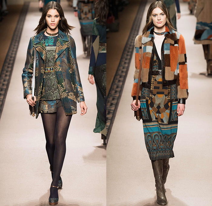 Etro 2015-2016 Fall Autumn Winter Womens Runway Catwalk Looks - Milano Moda Donna Collezione Milan Fashion Week Italy Camera Nazionale della Moda Italiana - Ornamental Print Decorative Art Tribal Ethnic Tapestry Patchwork Geometric Outerwear Trench Coat Jacket Wool Furry Wide Leg Trousers Palazzo Pants Paisley Knit Sweater Maxi Dress Gown Houndstooth Check Shorts Stockings Accordion Pleats Blouse Pantsuit