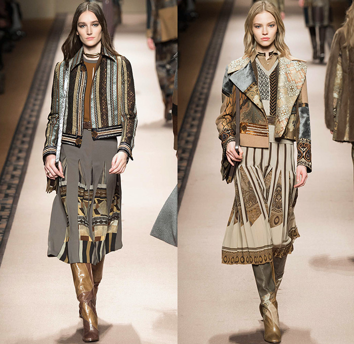 Etro 2015-2016 Fall Autumn Winter Womens Runway Catwalk Looks - Milano Moda Donna Collezione Milan Fashion Week Italy Camera Nazionale della Moda Italiana - Ornamental Print Decorative Art Tribal Ethnic Tapestry Patchwork Geometric Outerwear Trench Coat Jacket Wool Furry Wide Leg Trousers Palazzo Pants Paisley Knit Sweater Maxi Dress Gown Houndstooth Check Shorts Stockings Accordion Pleats Blouse Pantsuit