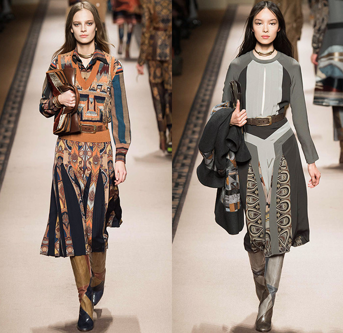 Etro 2015-2016 Fall Autumn Winter Womens Runway Catwalk Looks - Milano Moda Donna Collezione Milan Fashion Week Italy Camera Nazionale della Moda Italiana - Ornamental Print Decorative Art Tribal Ethnic Tapestry Patchwork Geometric Outerwear Trench Coat Jacket Wool Furry Wide Leg Trousers Palazzo Pants Paisley Knit Sweater Maxi Dress Gown Houndstooth Check Shorts Stockings Accordion Pleats Blouse Pantsuit