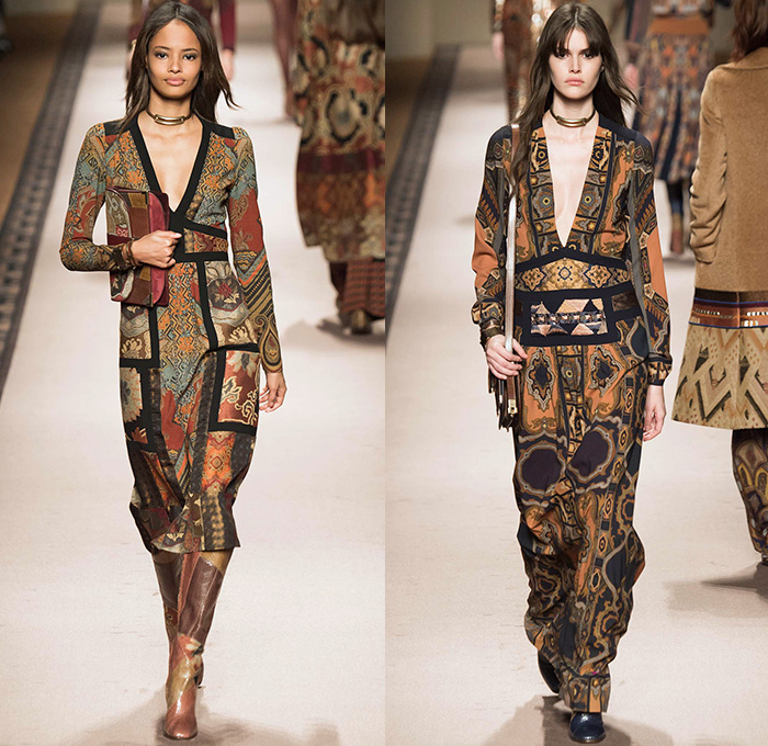 Etro 2015-2016 Fall Autumn Winter Womens Runway Catwalk Looks - Milano Moda Donna Collezione Milan Fashion Week Italy Camera Nazionale della Moda Italiana - Ornamental Print Decorative Art Tribal Ethnic Tapestry Patchwork Geometric Outerwear Trench Coat Jacket Wool Furry Wide Leg Trousers Palazzo Pants Paisley Knit Sweater Maxi Dress Gown Houndstooth Check Shorts Stockings Accordion Pleats Blouse Pantsuit