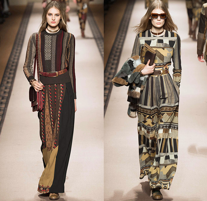 Etro 2015-2016 Fall Autumn Winter Womens Runway Catwalk Looks - Milano Moda Donna Collezione Milan Fashion Week Italy Camera Nazionale della Moda Italiana - Ornamental Print Decorative Art Tribal Ethnic Tapestry Patchwork Geometric Outerwear Trench Coat Jacket Wool Furry Wide Leg Trousers Palazzo Pants Paisley Knit Sweater Maxi Dress Gown Houndstooth Check Shorts Stockings Accordion Pleats Blouse Pantsuit