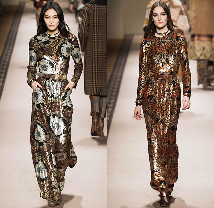 Etro 2015-2016 Fall Autumn Winter Womens Runway Catwalk Looks - Milano Moda Donna Collezione Milan Fashion Week Italy Camera Nazionale della Moda Italiana - Ornamental Print Decorative Art Tribal Ethnic Tapestry Patchwork Geometric Outerwear Trench Coat Jacket Wool Furry Wide Leg Trousers Palazzo Pants Paisley Knit Sweater Maxi Dress Gown Houndstooth Check Shorts Stockings Accordion Pleats Blouse Pantsuit