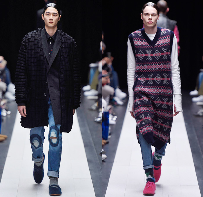 FACETASM by Hiromichi Ochiai 2015-2016 Fall Autumn Winter Mens Runway Catwalk Looks - Mercedes-Benz Fashion Week Tokyo Japan - Denim Jeans Quilted Outerwear Furry Coat Plaid Moto Motorcycle Biker Rider Bomber Jacket Lace Up Knit Vestdress Sweater Jumper Waffle Baggy Loose Slouchy Wide Leg Pants Trousers Blazer Oversized Furry Parka Nautical Hoodie